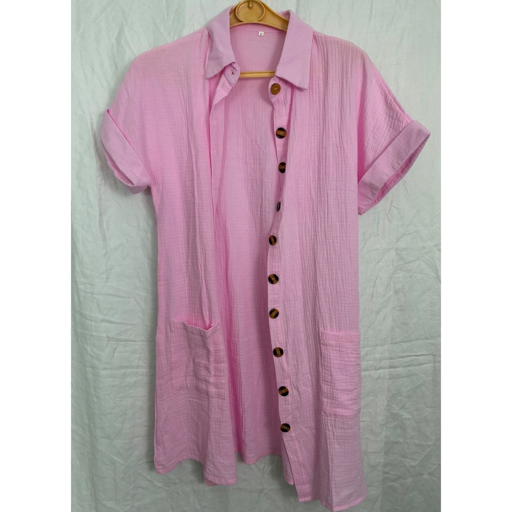 Beach Gauze Shirt Dress Womens S Pink Short Sleeve Button Up Boho‎ Tunic